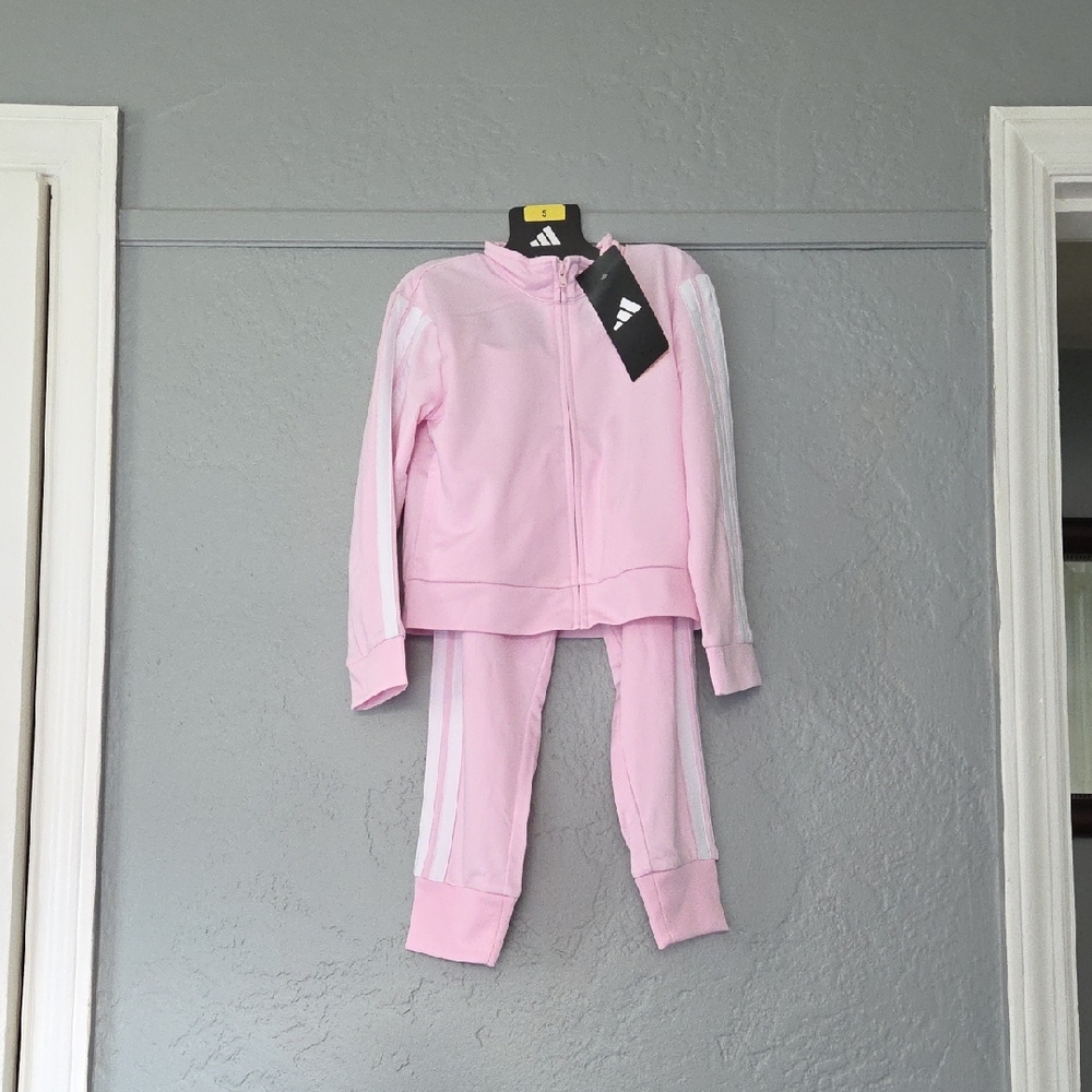 Adidas Light Pink Kids Tracksuit with White Stripes